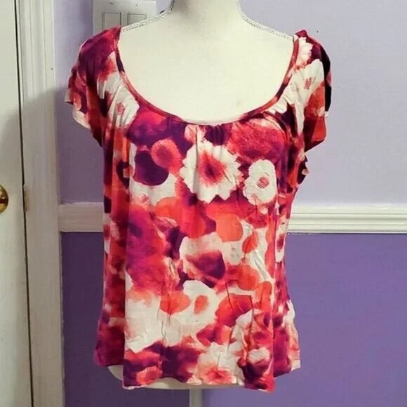 Simply Vera Colorful Orange Fuchsia Floral Flutter Sleeves Summer Casual Top - Picture 1 of 6